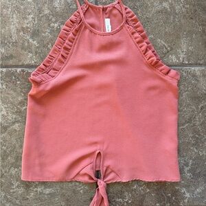mine Coral Pink Tie-Front Ruffle-Trim Tank Top